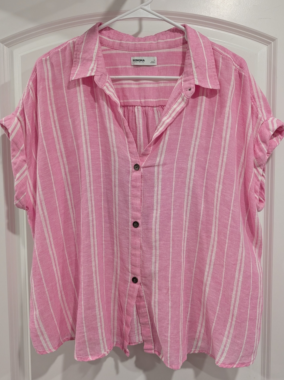 Sonoma Pink & White Stripe Short-Sleeve Button Shirt Size L